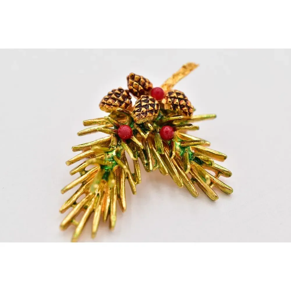 ART Vintage Christmas Pinecone Brooch Gold Red Berry Evergreen Branch Pin BinBI